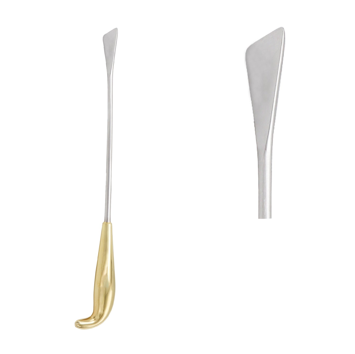 Professional Tebbetts breast dissector instrument featuring a long stainless steel shaft, an angled spatulated blade for tissue dissection, and a contoured gold-plated ergonomic handle.