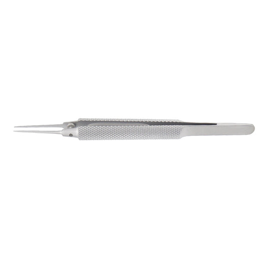 Straight Tennant tying forceps with guide pin, delicate smooth jaws, and 0.5 x 6 mm tying platform, 11 cm length for precise suturing