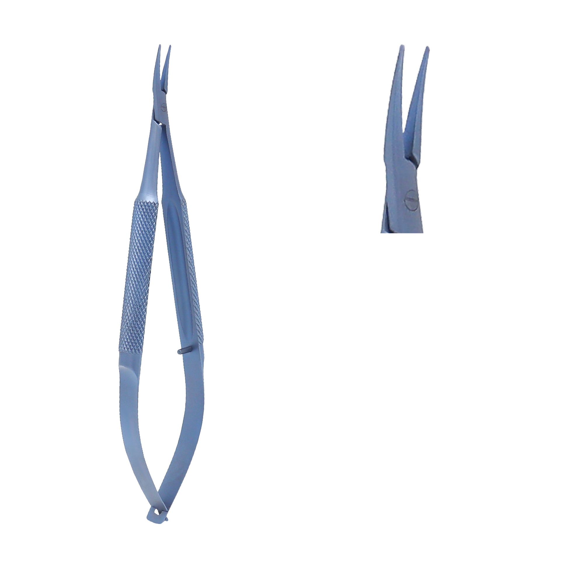 Close-up of curved titanium Barraquer Micro-Needle Holder 12 cm without lock for ophthalmic procedures.