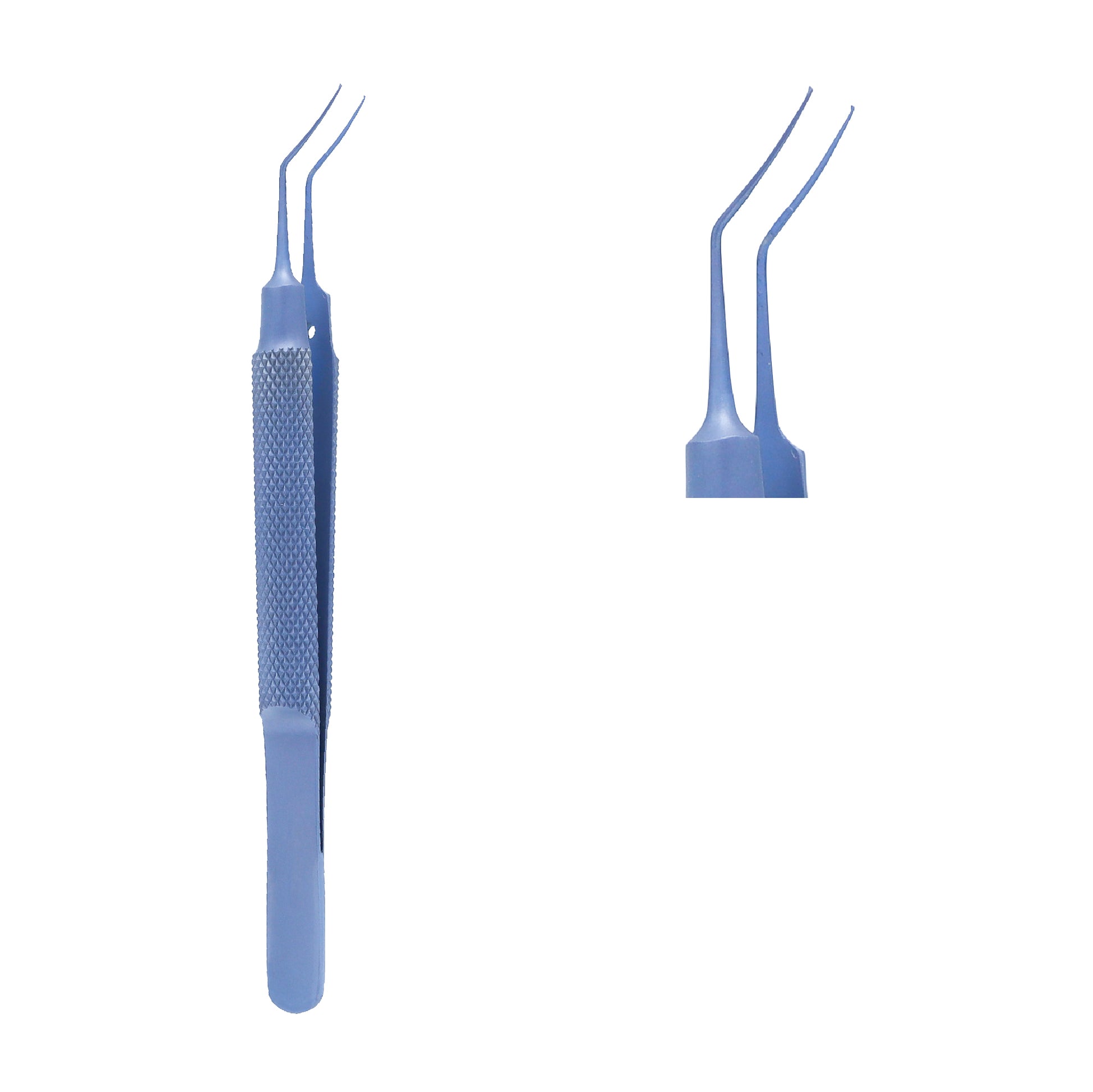 Close-up of Utrata capsulorhexis forceps showing curved angled tips and round handle used for precise ophthalmic procedures