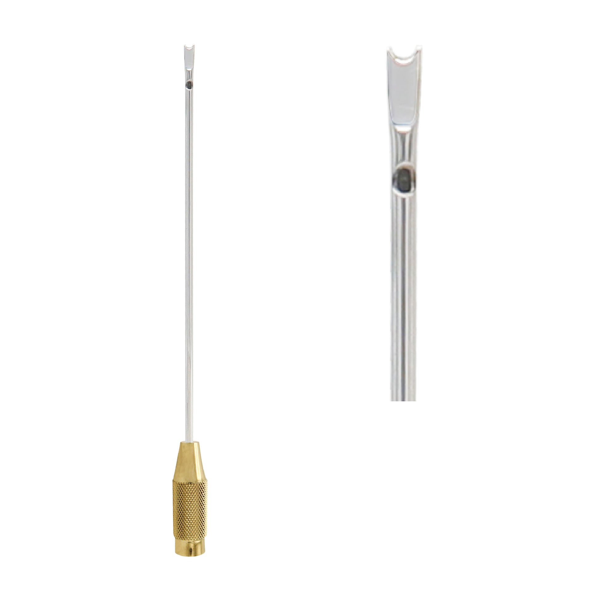 A professional Toledo liposuction cannula featuring a long, slim stainless steel tube with a single "V" shaped central port at the tip and a textured gold-toned brass handle for grip.