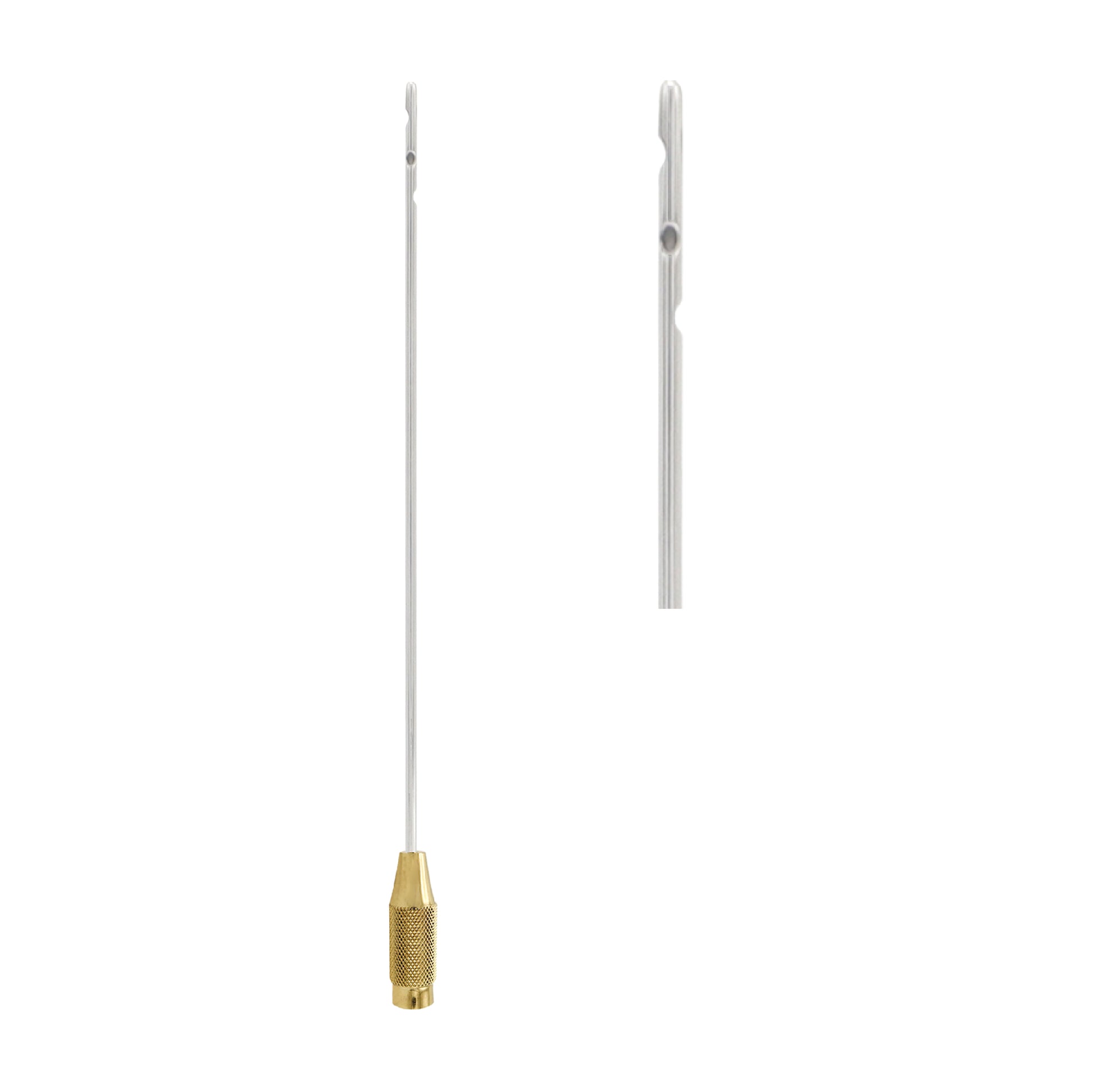 A stainless steel Toledo-style liposuction cannula with a knurled gold-plated handle and a multi-port tip, shown against a plain white background.