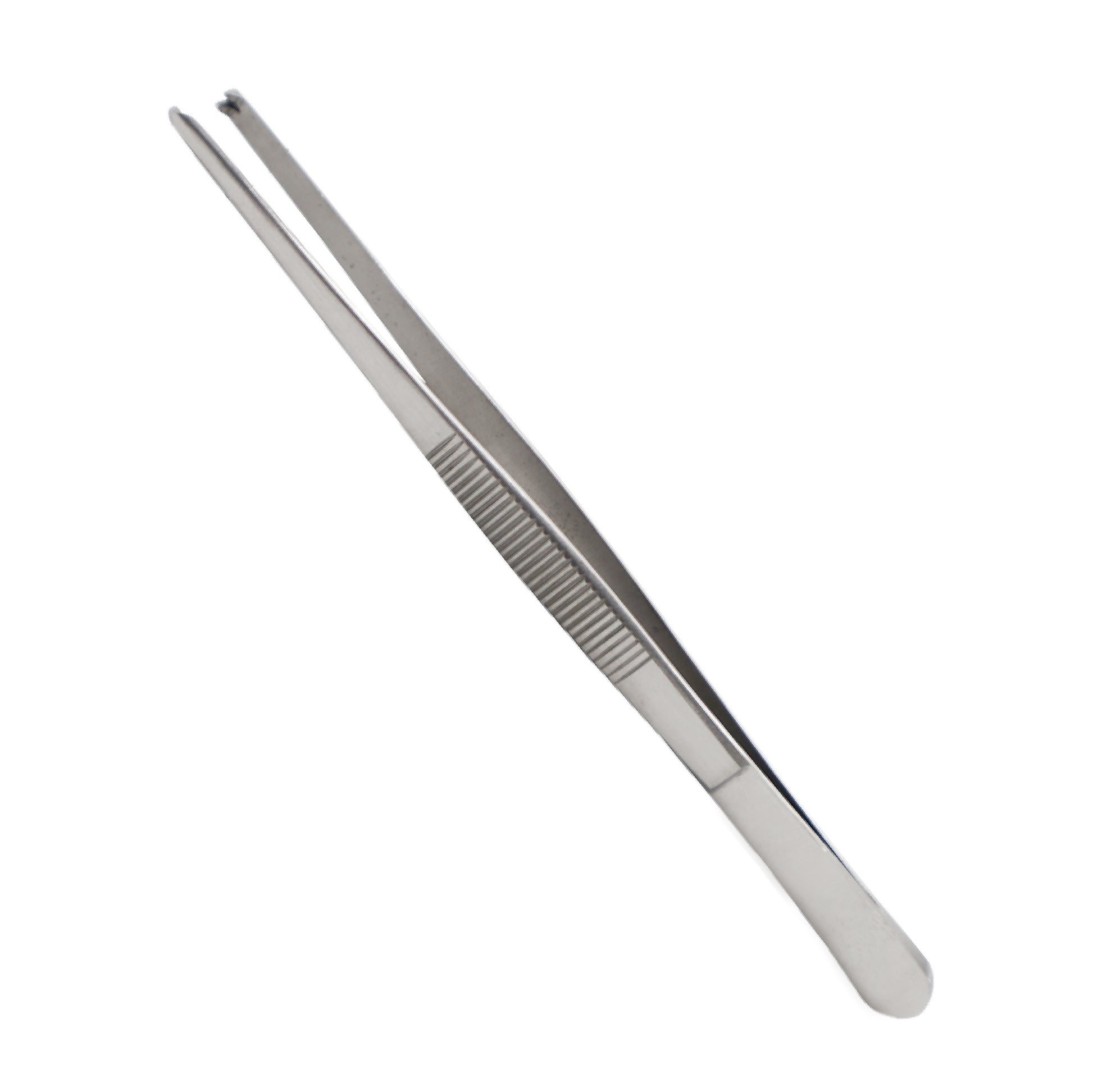 Silver stainless steel tissue forceps with a ridged non-slip thumb grip and 1x2 teeth at the tips.