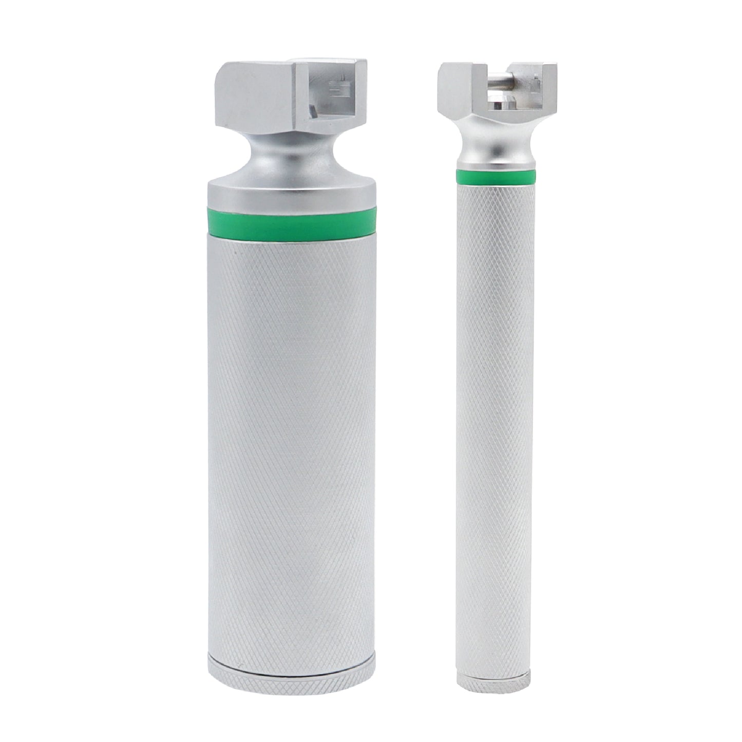 Two cylindrical metal components with green accents on a white background