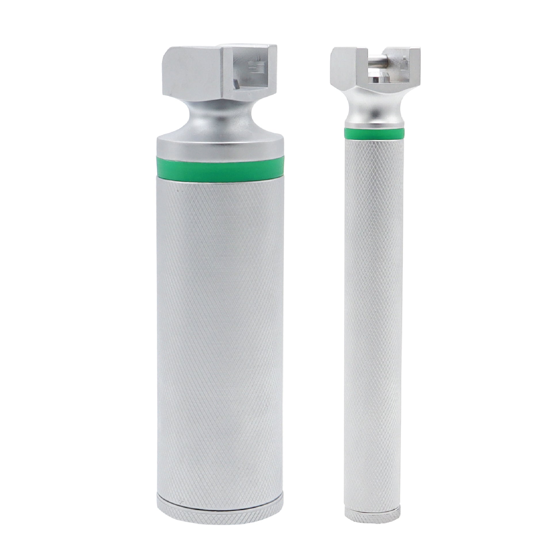 Two cylindrical metal components with green accents on a white background