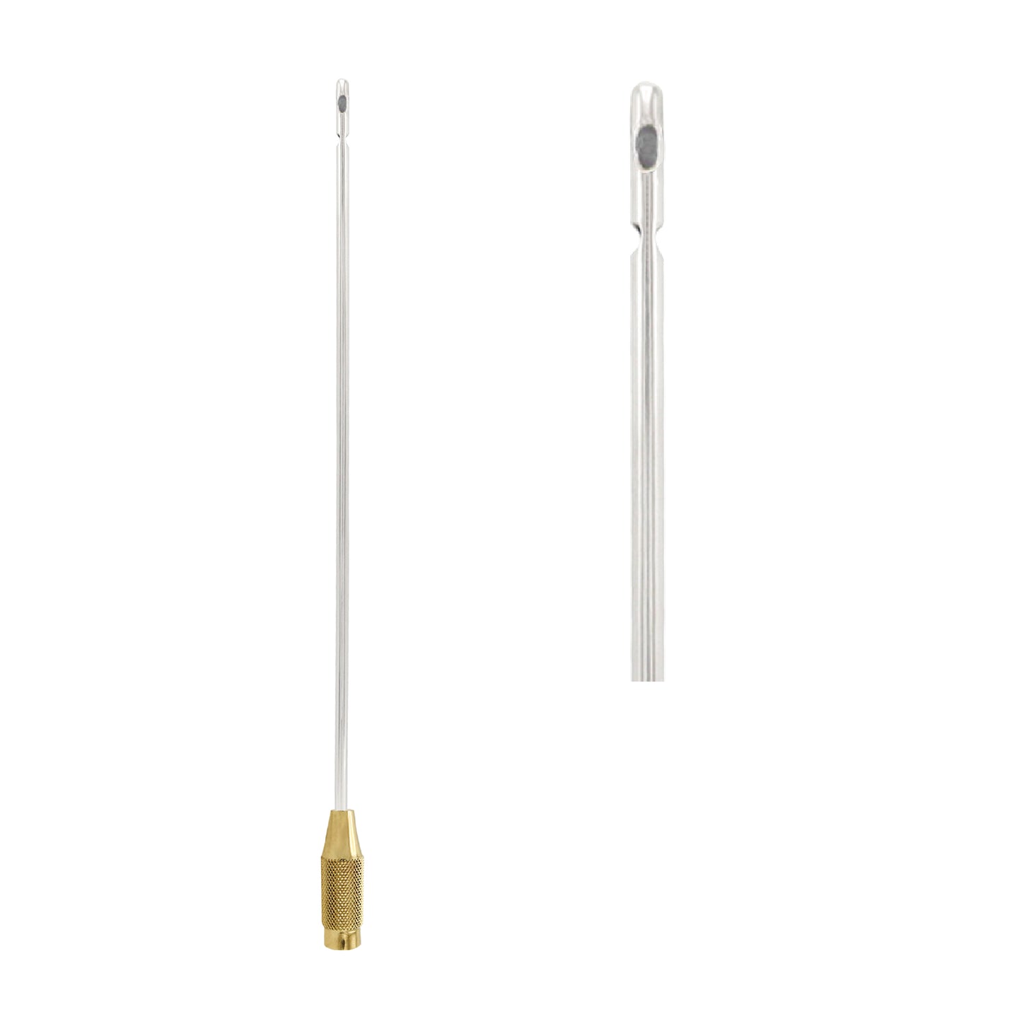 Two metal antennas, one with a brass tip, on a white background
