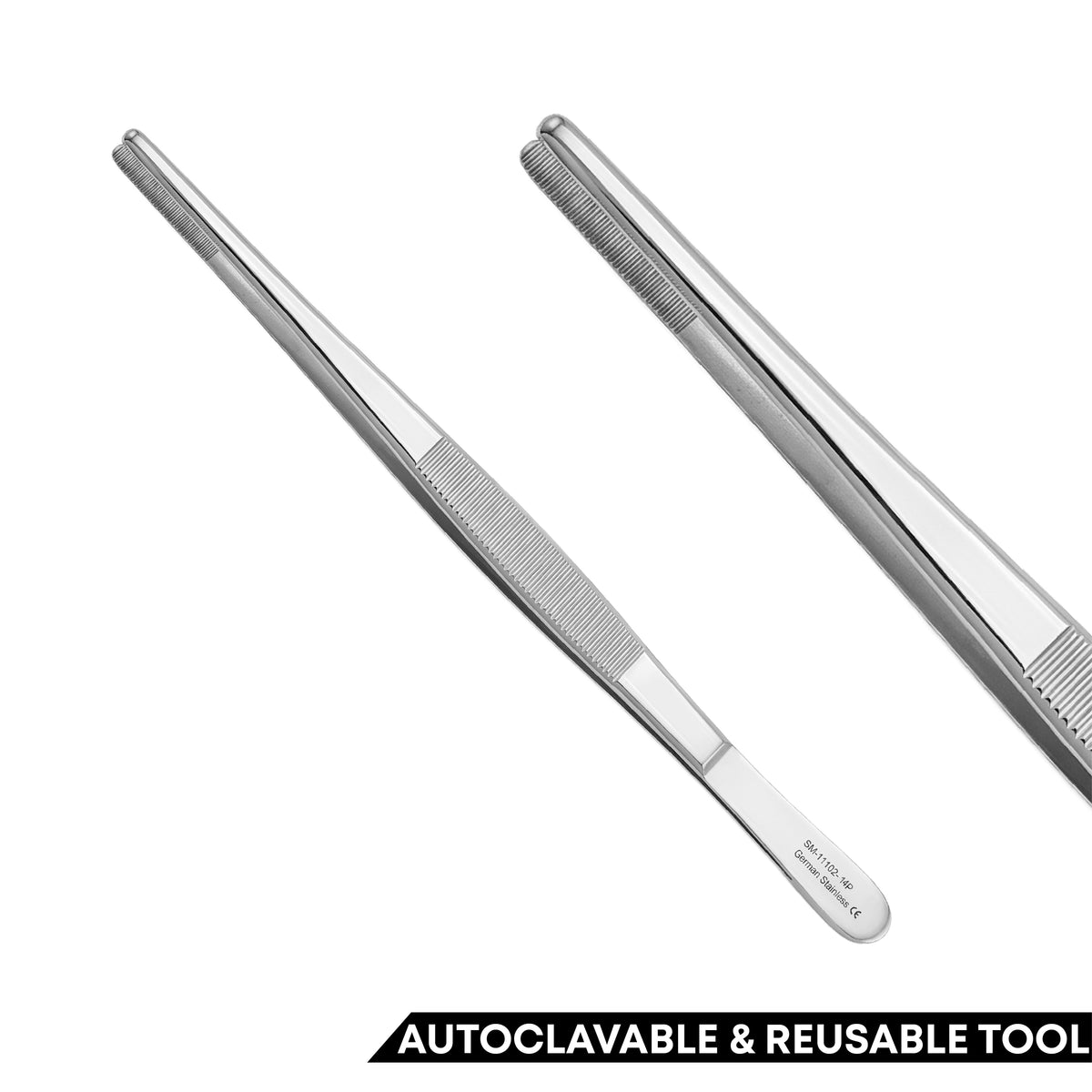 Two stainless steel precision tweezers shown on a white background, one open and one closed, with a black banner at the bottom reading 'AUTOCLAVABLE & REUSABLE TOOL'.