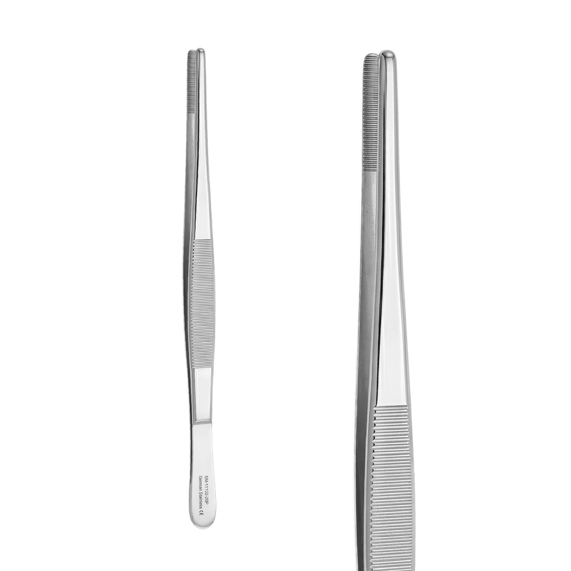 Two stainless steel precision tweezers shown vertically on a plain white background, one in a wider view and one in a closer detail view of the textured handle.