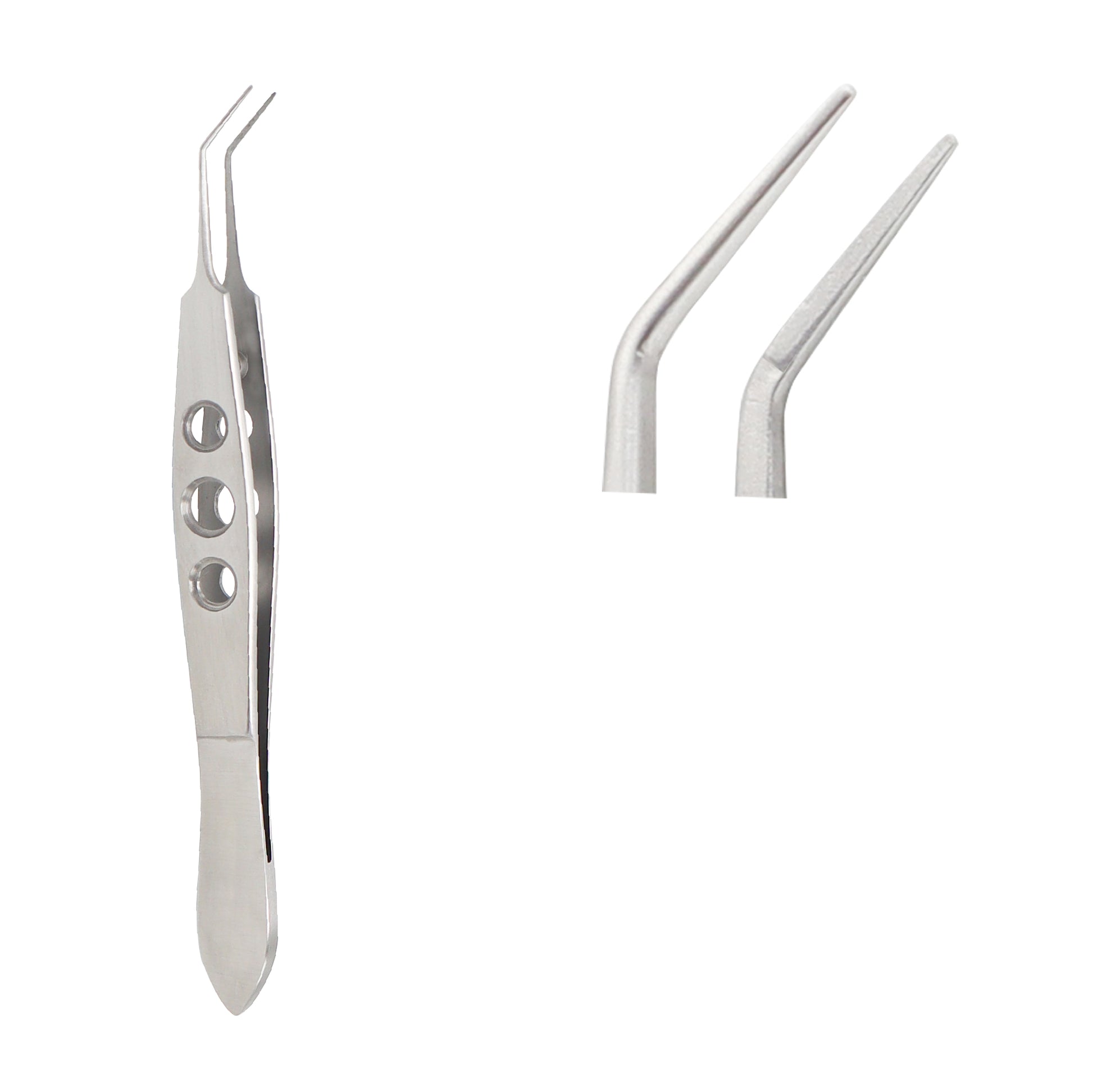 Stainless steel Utrata Capsulorhexis forceps with angled, delicate tips and a fenestrated handle for ophthalmic surgery.