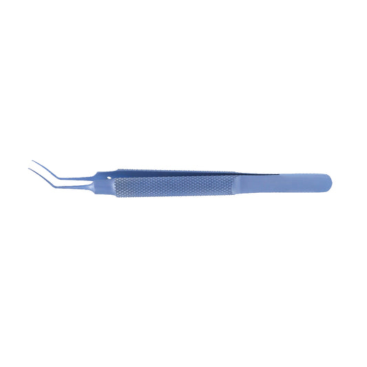 Utrata capsulorhexis forceps with angled curved design, round handle, titanium build, 11.5 cm length for precise cataract surgery