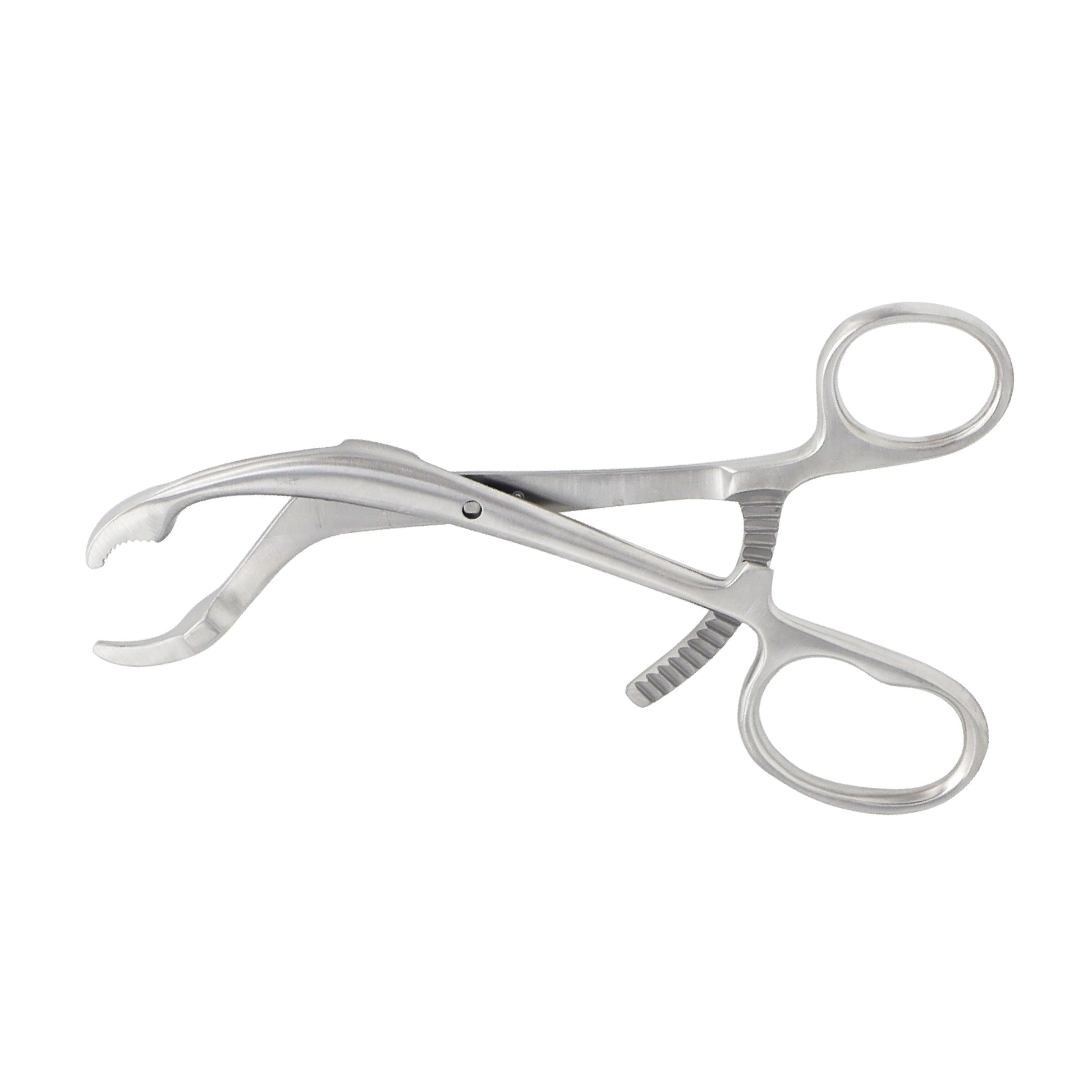Medical-grade stainless steel Verbrugge bone holding forceps with curved serrated jaws and a multi-position ratchet lock mechanism on a white background.