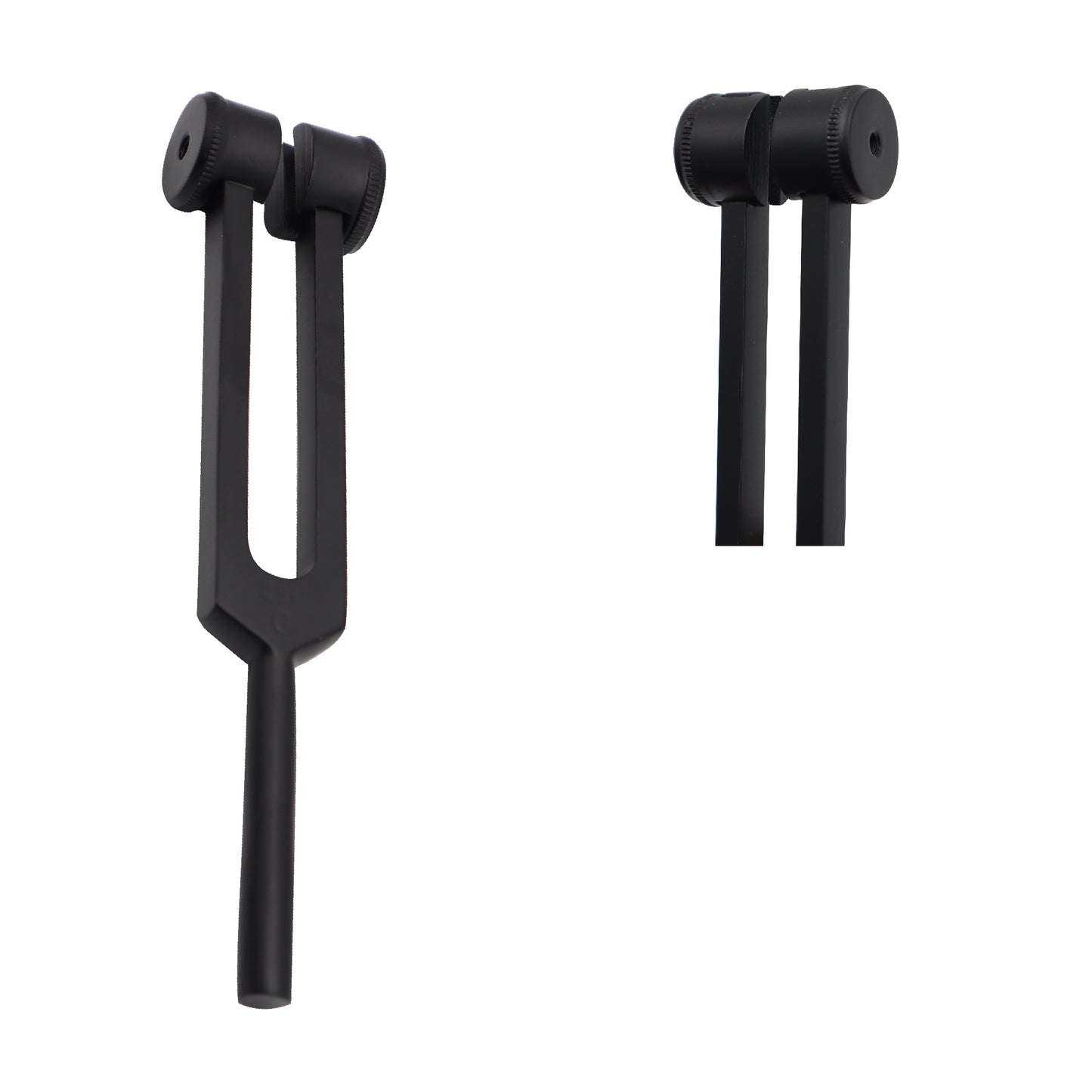Matte black 128Hz weighted tuning fork diagnostic instrument for medical exams.