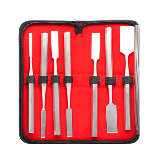 A 12-piece wood carving chisel set with various blade shapes arranged neatly inside a black zippered carrying case featuring a vibrant red fabric interior.
