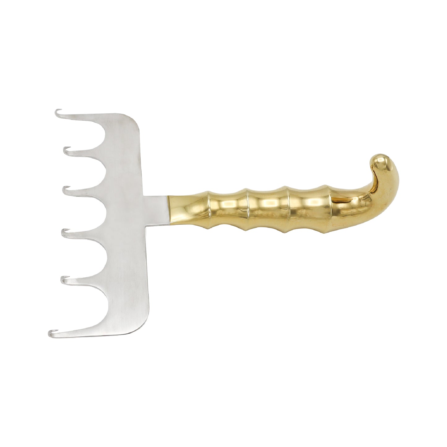 A YANCOSKIE brand abdominoplasty retractor made of German stainless steel with a gold-colored finish. It features a blade with four sharp prongs and a thumb ring near the top.