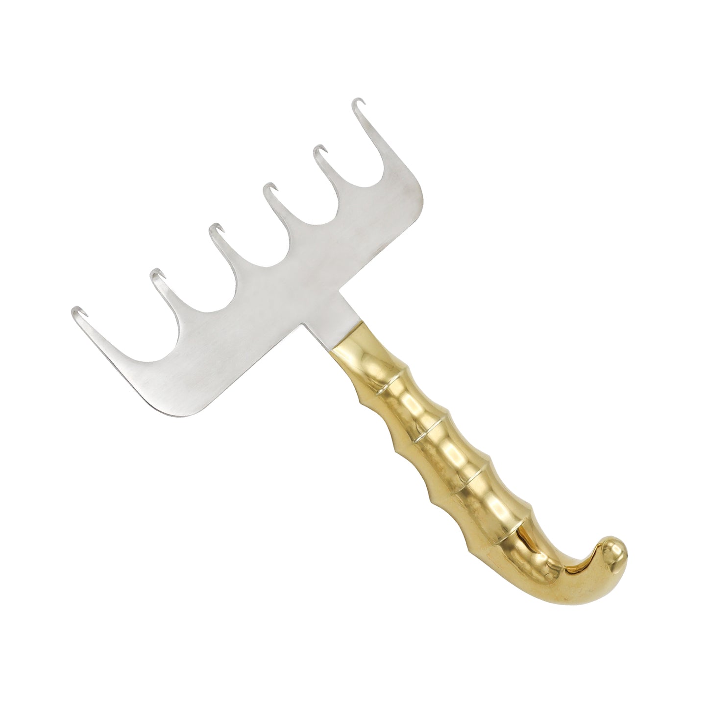 A stainless steel Yancoskie abdominoplasty retractor with a six-prong rake-style head and a curved, ridged gold-plated handle, shown on a white background.