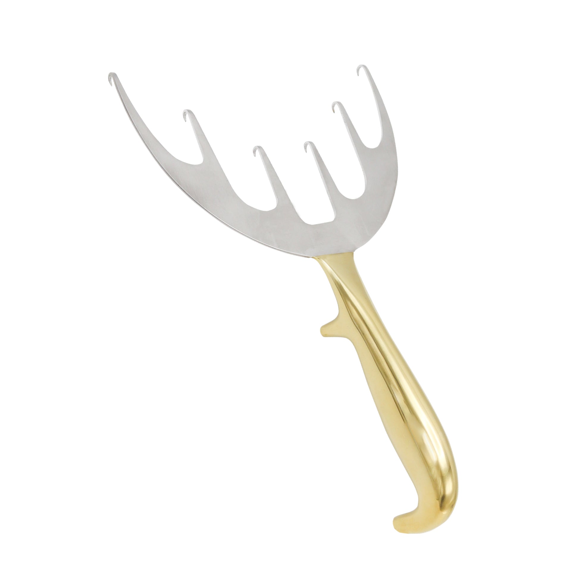 A gold-handled surgical Yancoskie Coronal Lift Retractor with six sharp, offset prongs on a wide, curved stainless steel blade, used in plastic surgery.