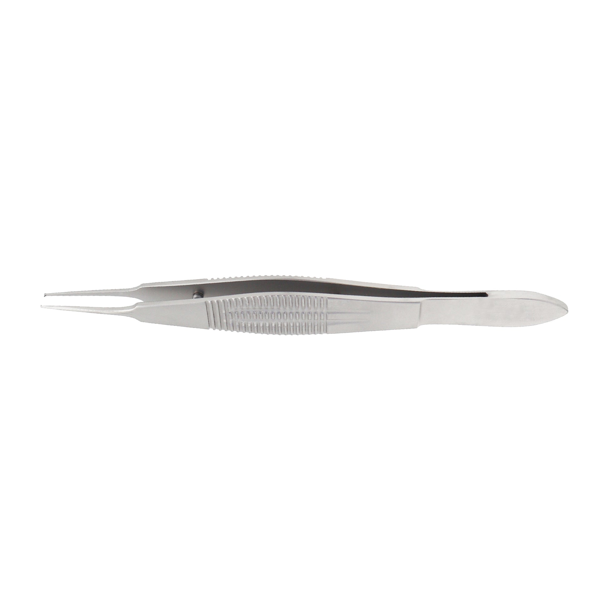 A stainless steel Castroviejo suture forceps with a wide handle and 1 x 2 teeth design for gripping.