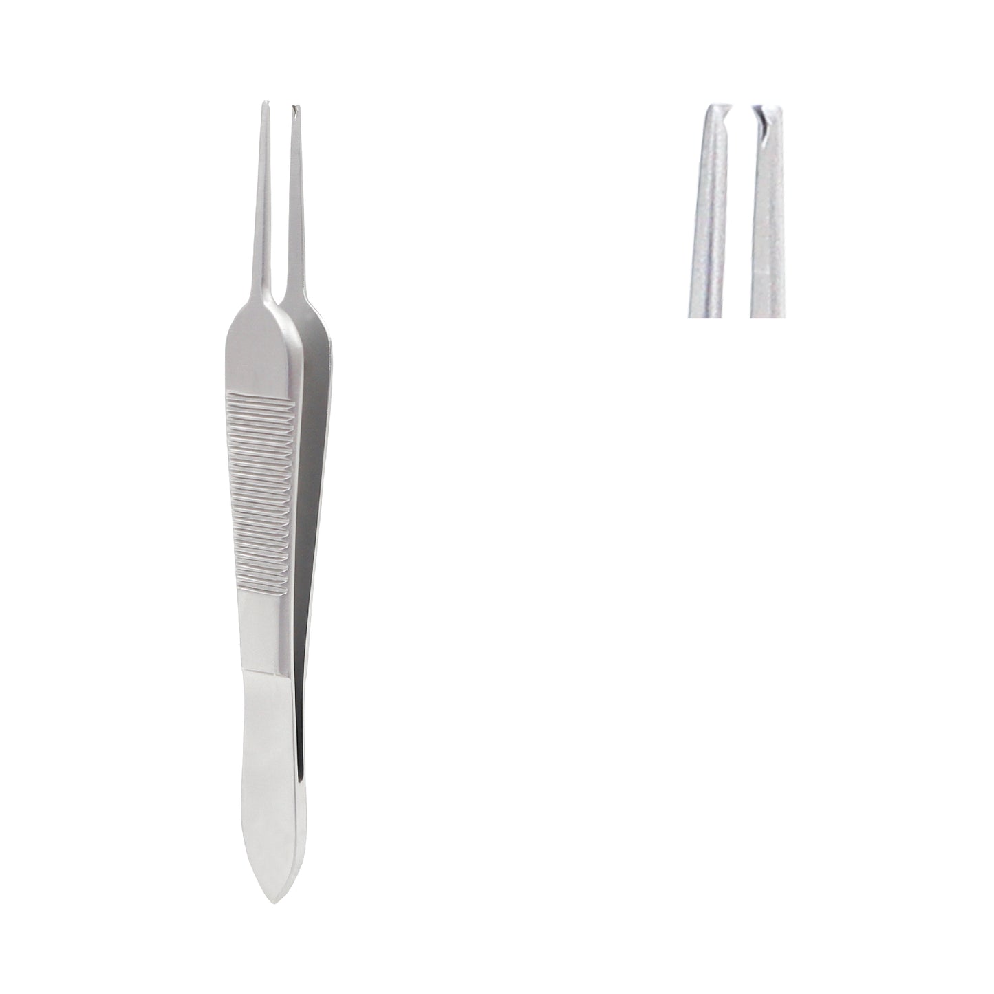 A pair of stainless steel Adson tissue forceps with a serrated thumb grip and a close-up view of its fine 1x2 toothed tips.