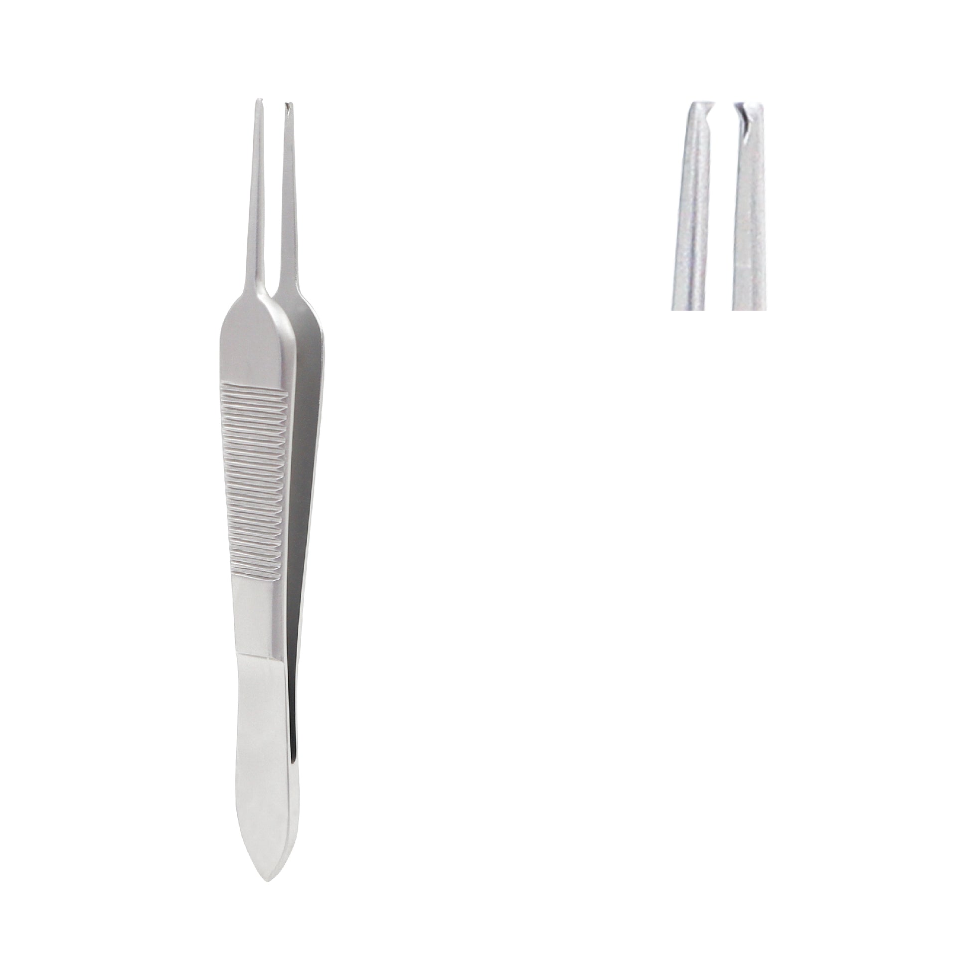 A pair of stainless steel Adson tissue forceps with a serrated thumb grip and a close-up view of its fine 1x2 toothed tips.