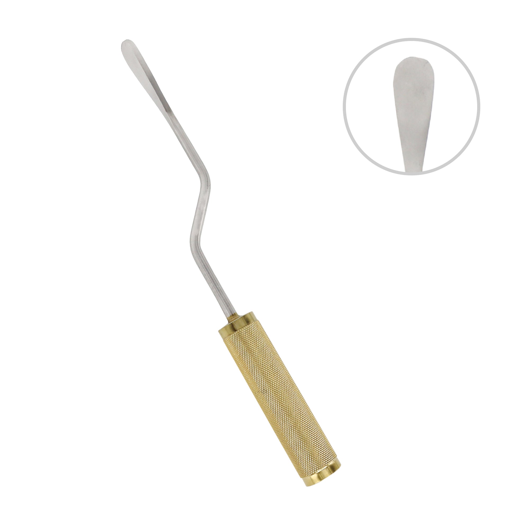 An insulated Agris-Dingman breast dissector with a gold knurled handle, a double-bent surgical steel shaft, and a flat, rounded spatulated tip with a circular inset highlighting the blade profile.