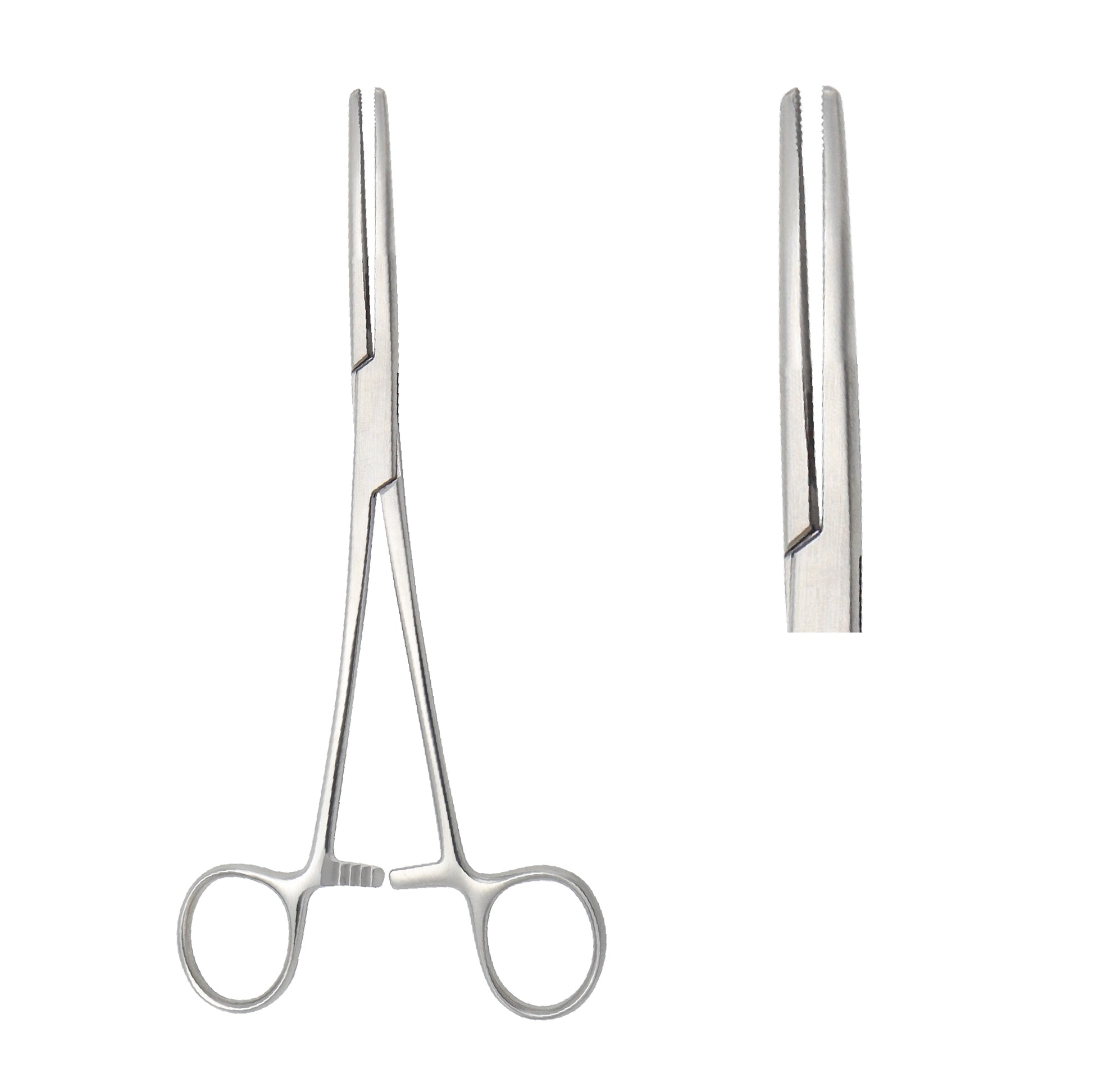 Straight Allen Intestinal Clamp with longitudinal serrations, 1x2 interlocking teeth at the tips, and a ratchet locking handle, made of medical-grade stainless steel.