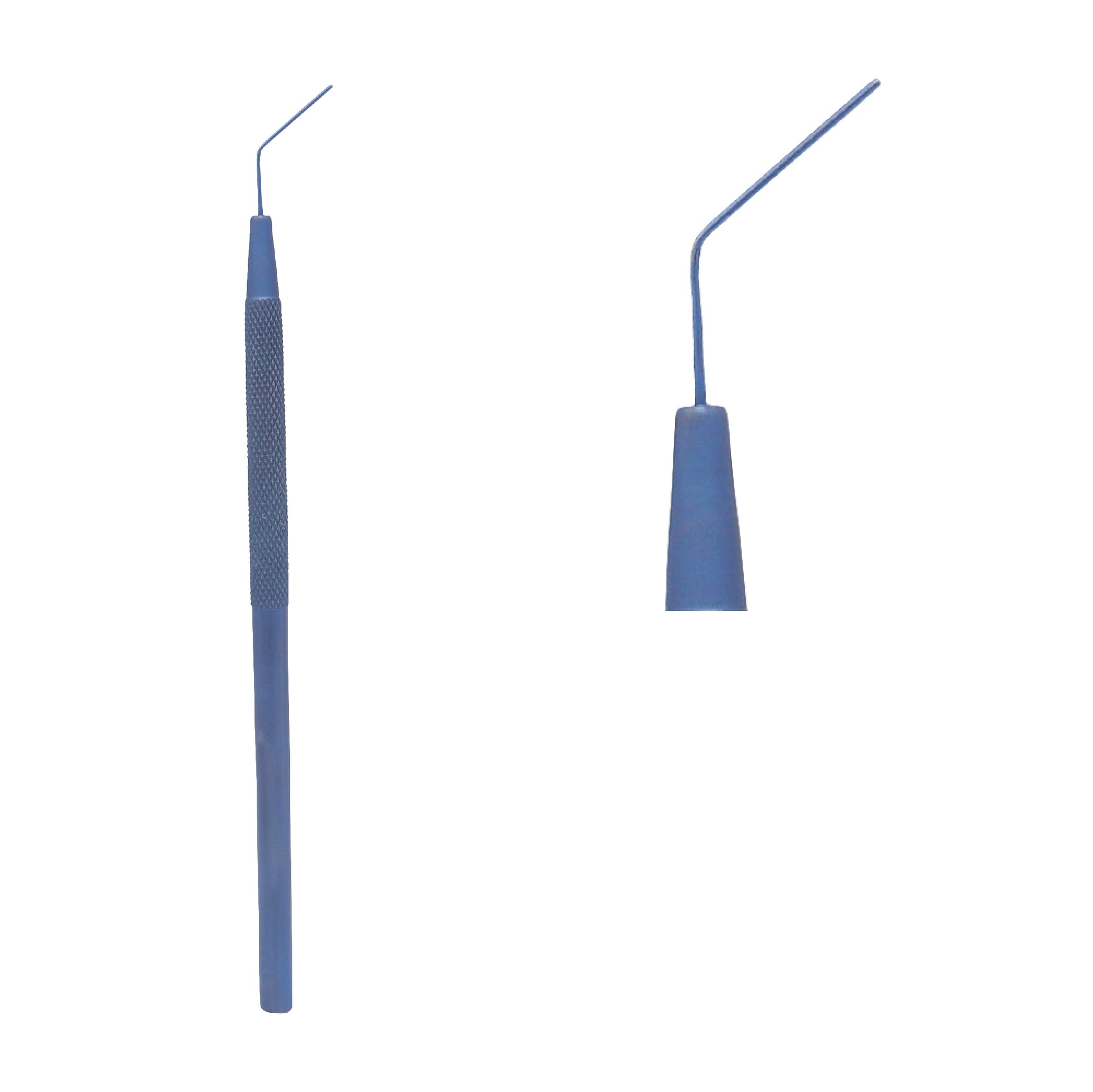 close up of angled blunt Titanium Lens Round Spatula 0.5 mm used in ophthalmic surgery