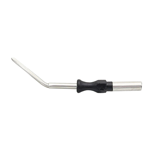 Angled medical knife electrode with a black insulated handle and stainless steel lancet tip for electrosurgery.