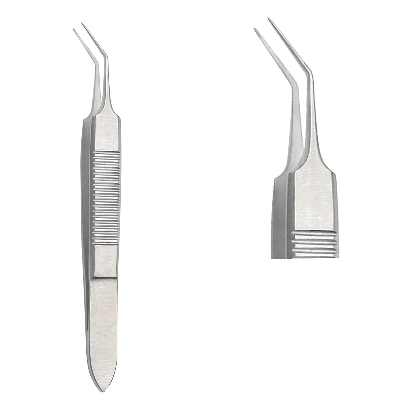 Angled ophthalmic McPherson tying forceps with a ribbed handle and delicate smooth platforms, shown from two angles on a white background.