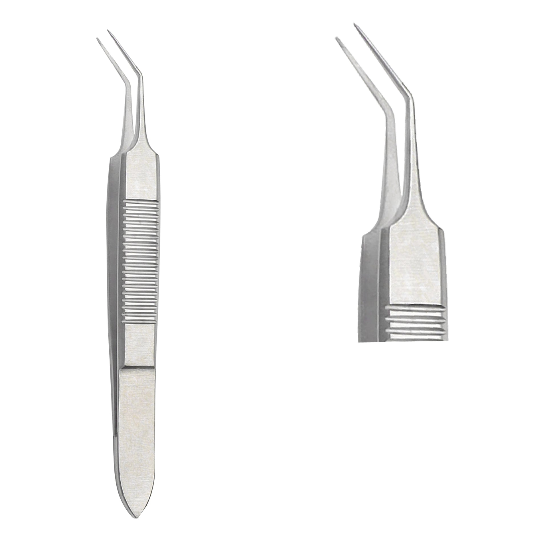 Angled ophthalmic McPherson tying forceps with a ribbed handle and delicate smooth platforms, shown from two angles on a white background.