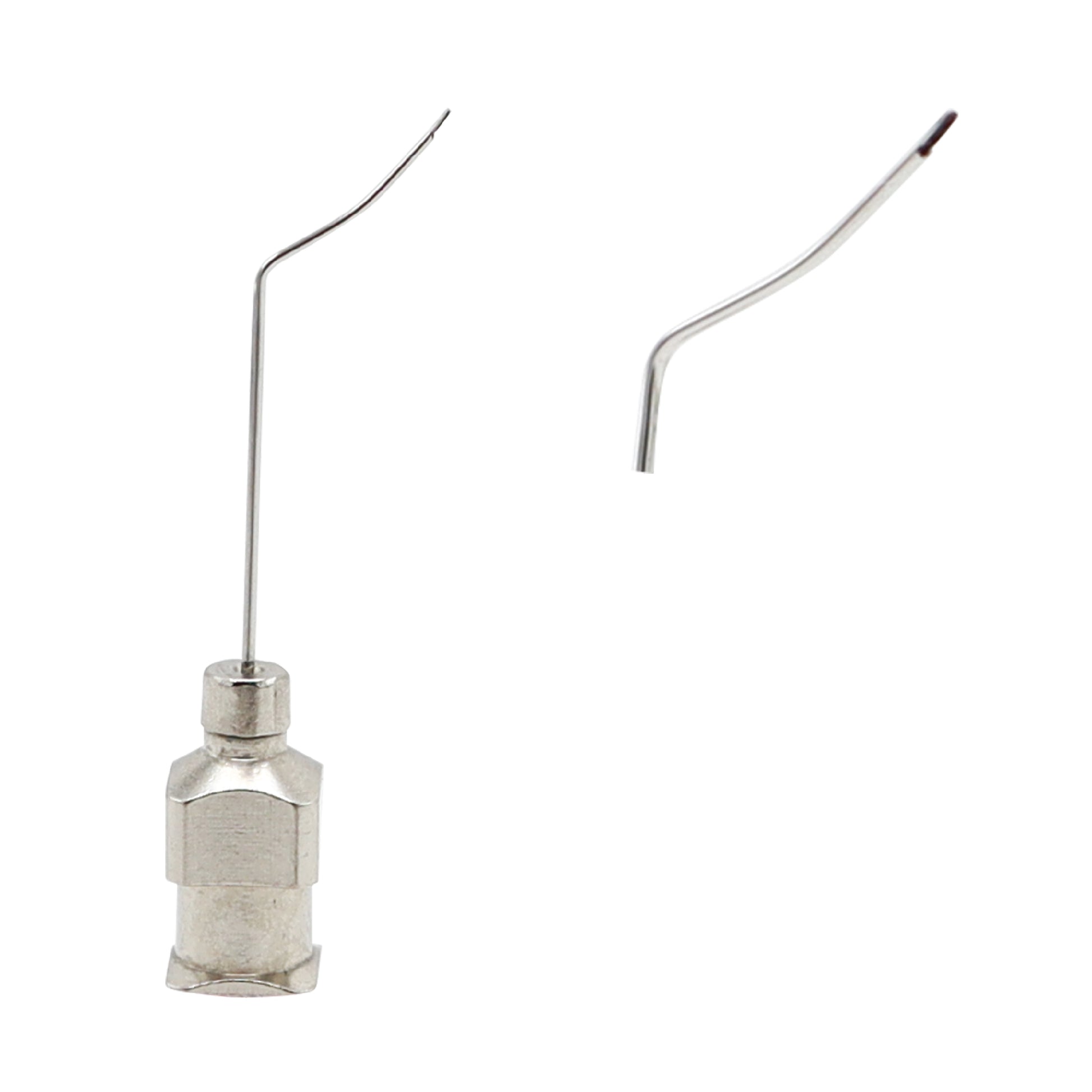 A stainless steel angled surgical suction cannula featuring a thin, bent precision tip and a square mounting hub, shown from two angles on a white background.