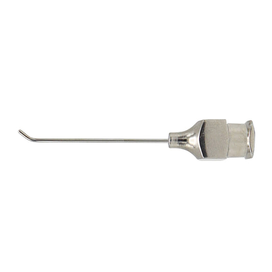 An angled 23-gauge cortex extractor made of stainless steel, designed for ophthalmic use.