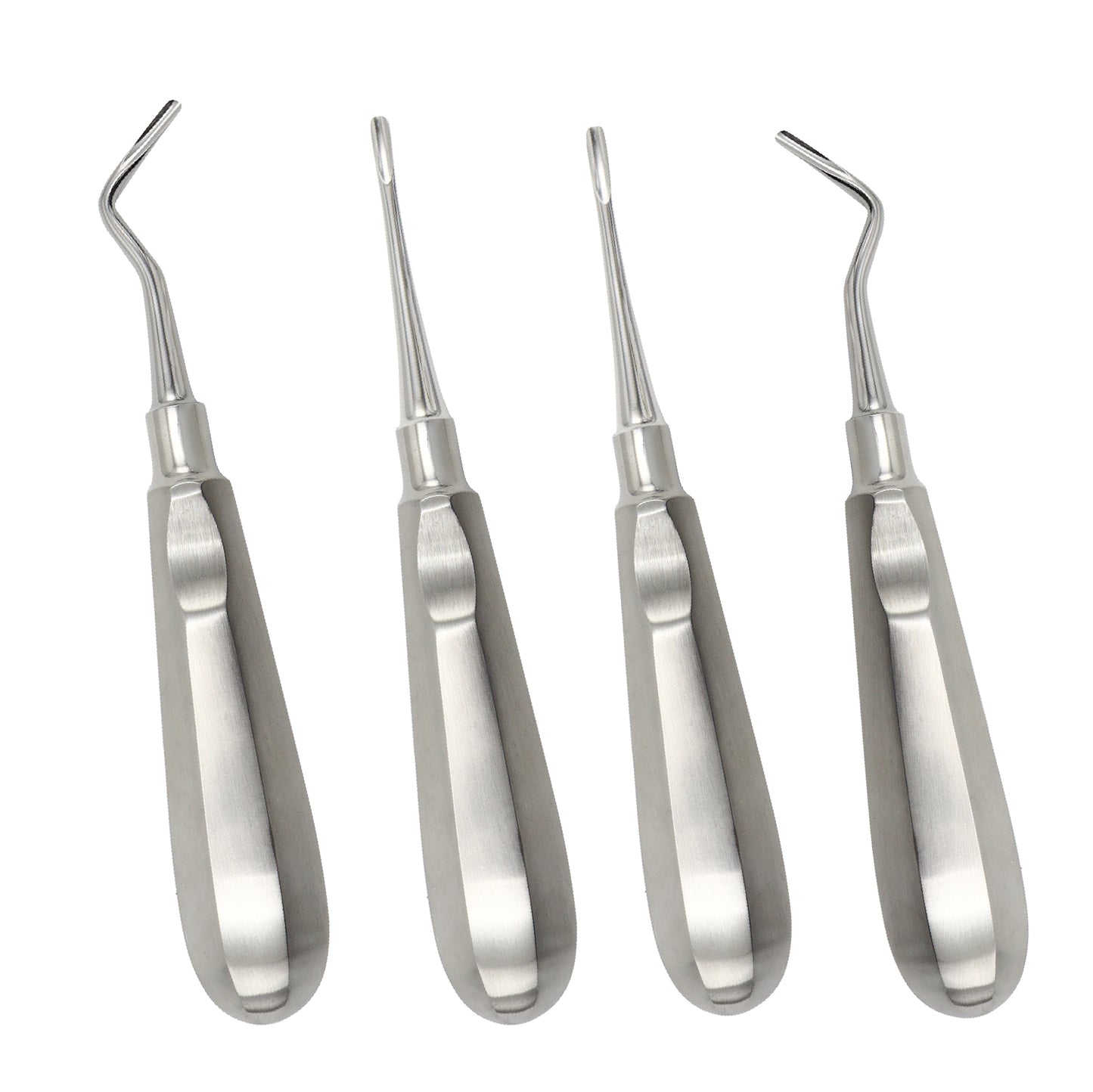 Surgical dental apical root elevator set made of stainless steel with ergonomic hollow handles for tooth extraction.