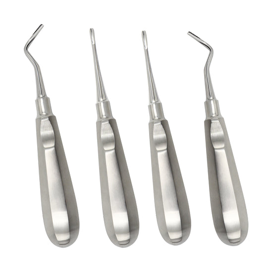 Surgical dental apical root elevator set made of stainless steel with ergonomic hollow handles for tooth extraction.