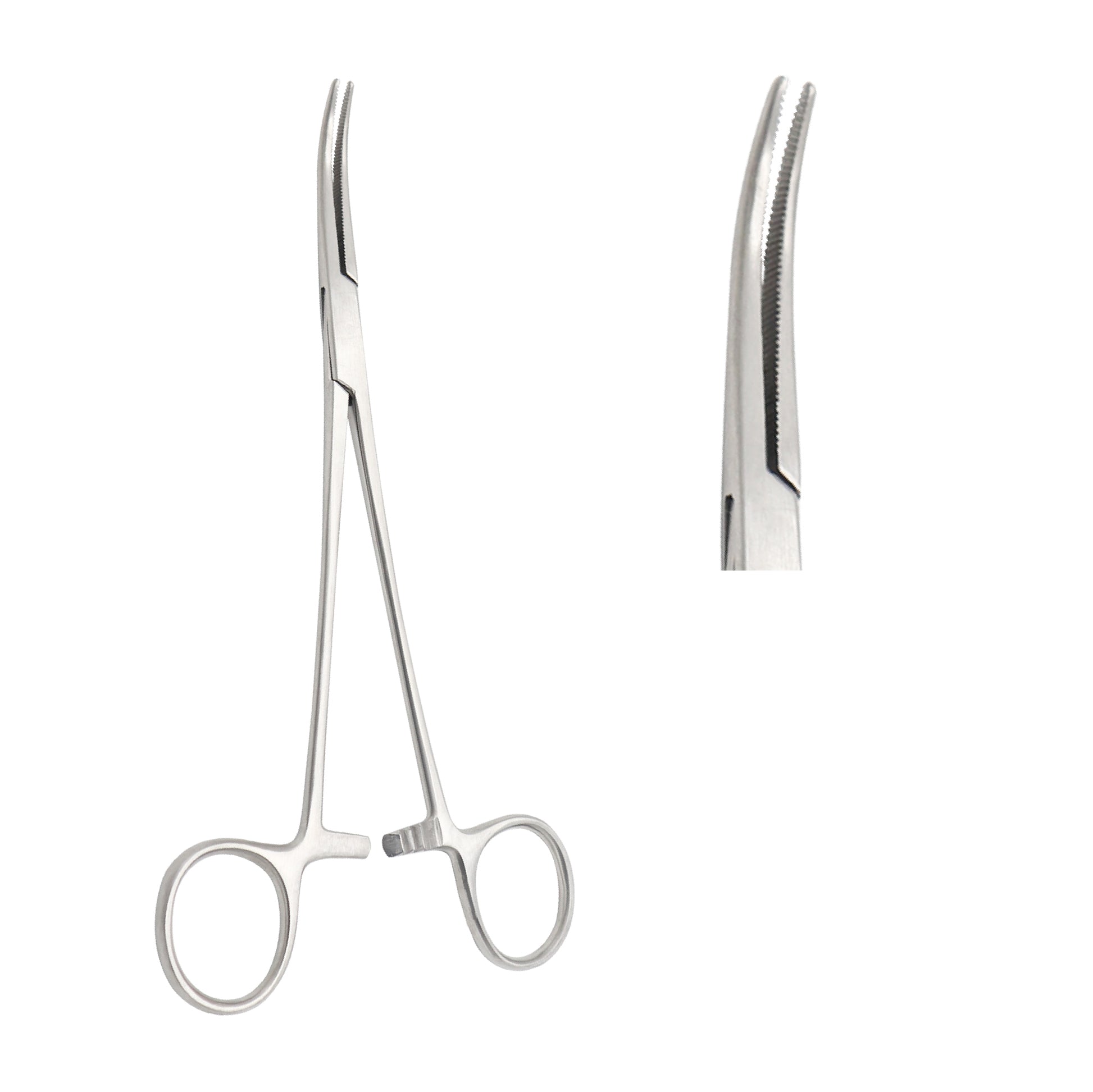 Stainless steel curved hemostatic artery forceps with serrated jaws and locking ratchet handle for surgical use.