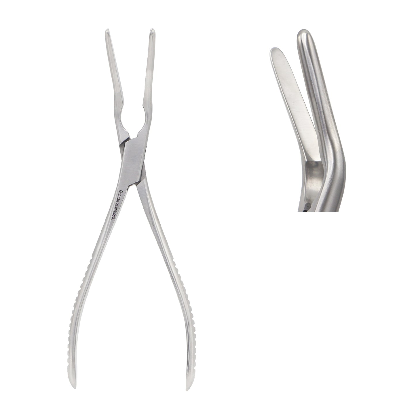 Surgical Asch Septum Straightening Forceps with double-curved angled blades and ergonomic ring handles for nasal reconstruction and fracture reduction.