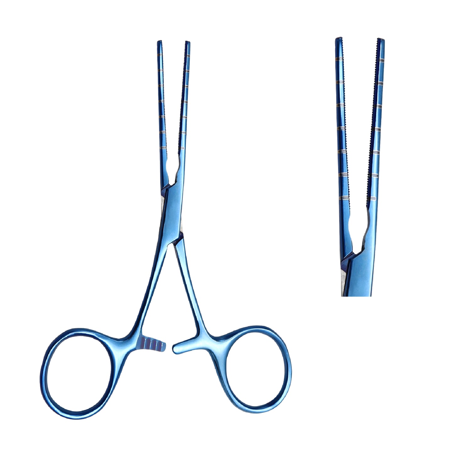 Atrauma Peripheral Vascular Clamp and DeBakey Forceps, titanium-coated blue finish microsurgical tool featuring fine serrated jaws and a secure box-lock ring handle mechanism.