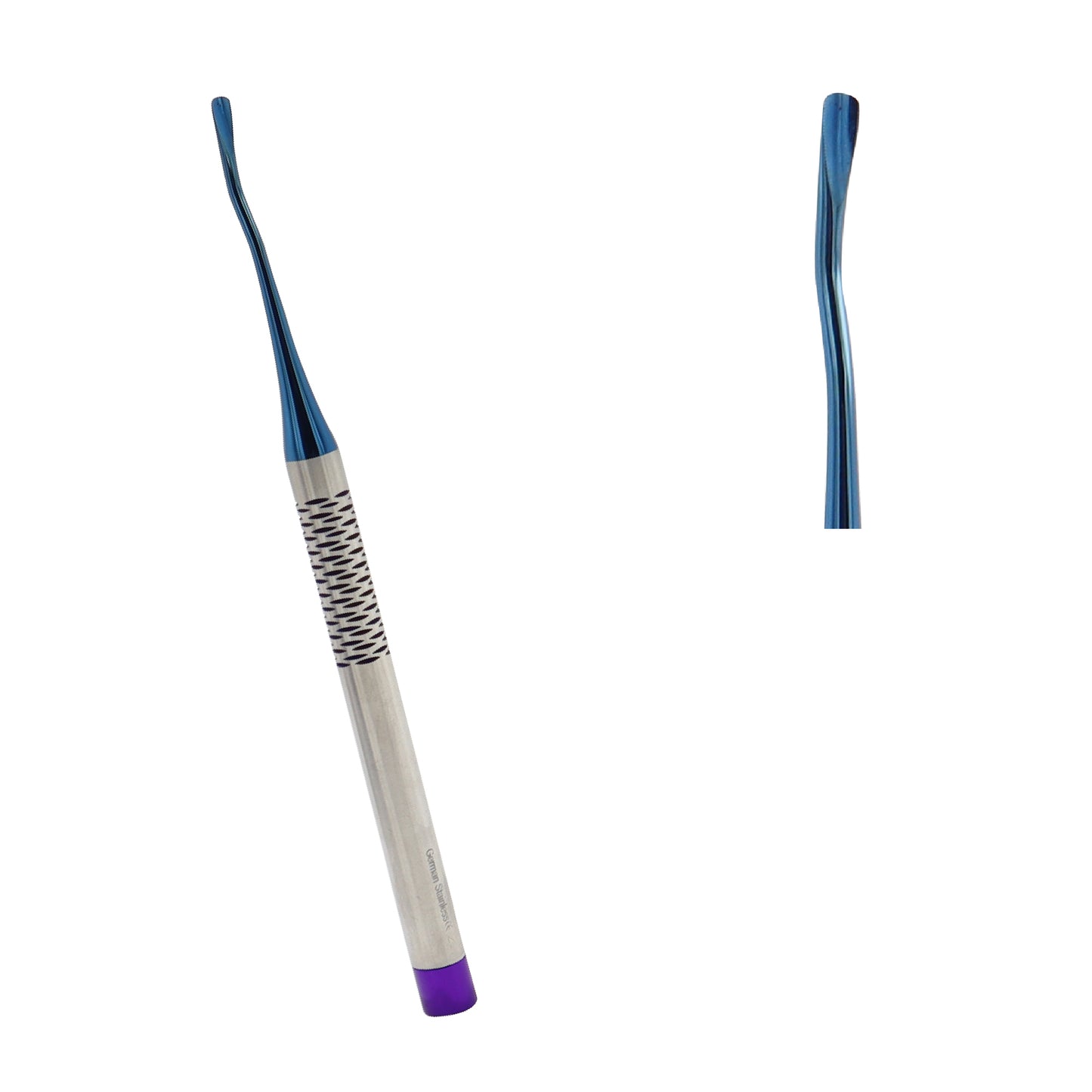 Surgical stainless steel dental periotome root elevator featuring an ultra-thin curved blue tip and a color-coded indicator ring.