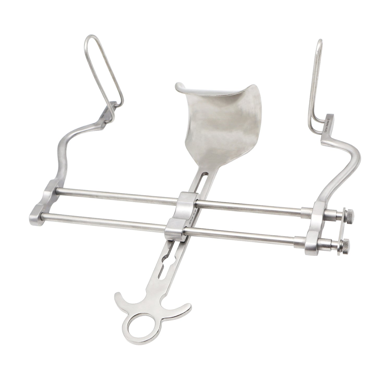 Balfour Abdominal Retractor self-retaining stainless steel surgical instrument with adjustable side blades and a solid central bladder blade on a white background.