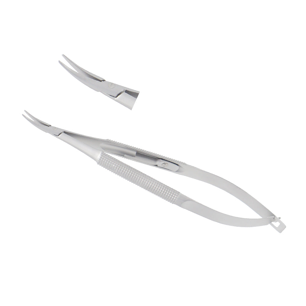 Barraquer micro needle holder with curved tips and a spring handle lock for ophthalmic surgery