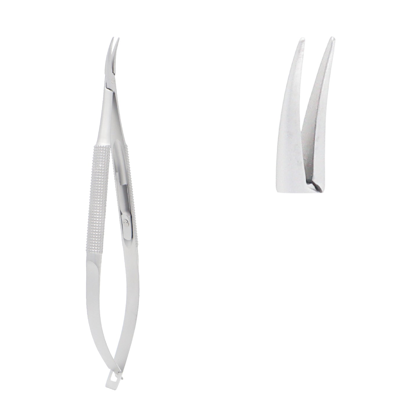 Barraquer micro needle holder with a curved jaw and spring handle for microsurgery.