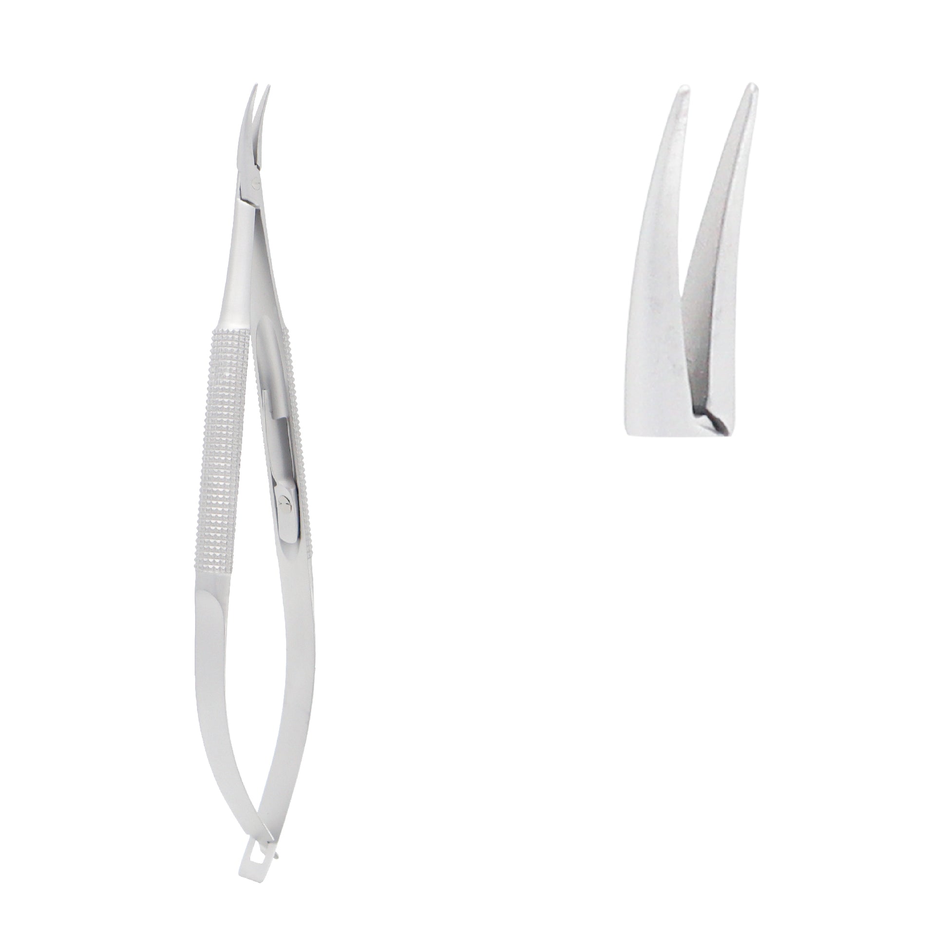 Barraquer micro needle holder with a curved jaw and spring handle for microsurgery.