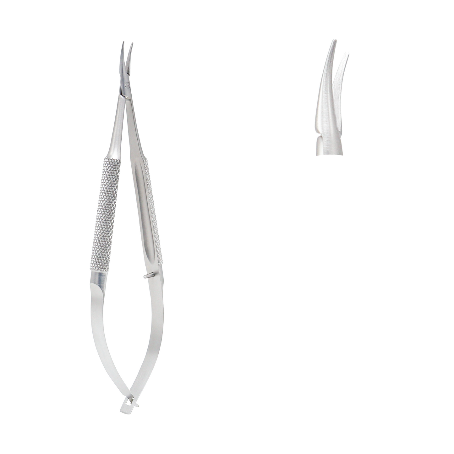 Barraquer micro needle holder with curved jaws and a spring-handle design, typically used in delicate microsurgery and ophthalmic procedures.