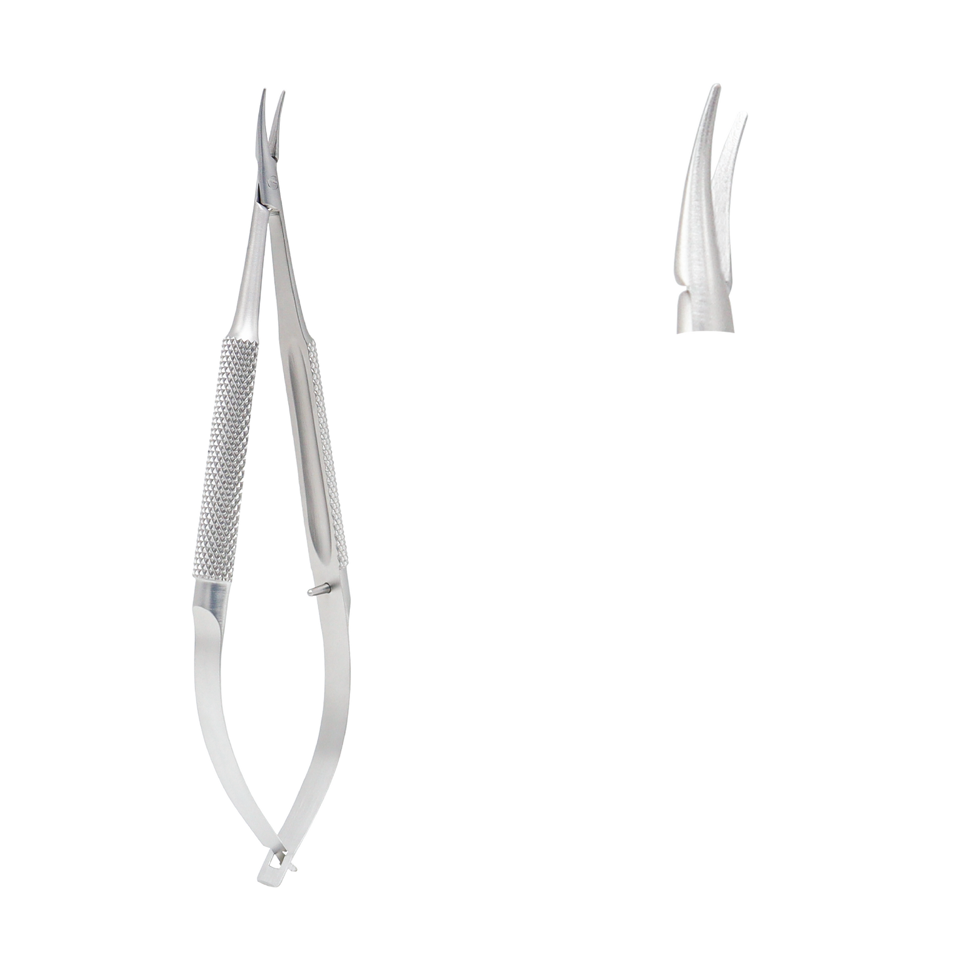 Barraquer micro needle holder with curved jaws and a spring-handle design, typically used in delicate microsurgery and ophthalmic procedures.