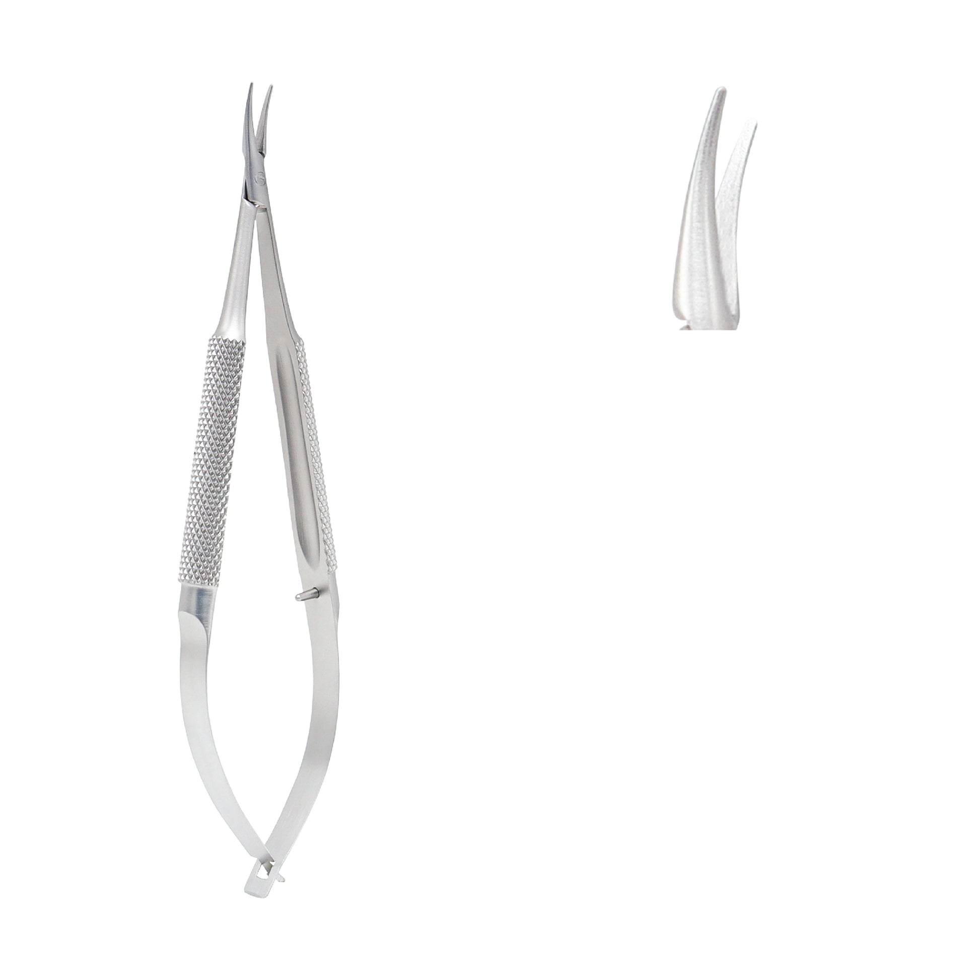 The instrument has a sleek, stainless steel finish and a unique cross-action spring handle design that provides controlled tension for precise manipulation.