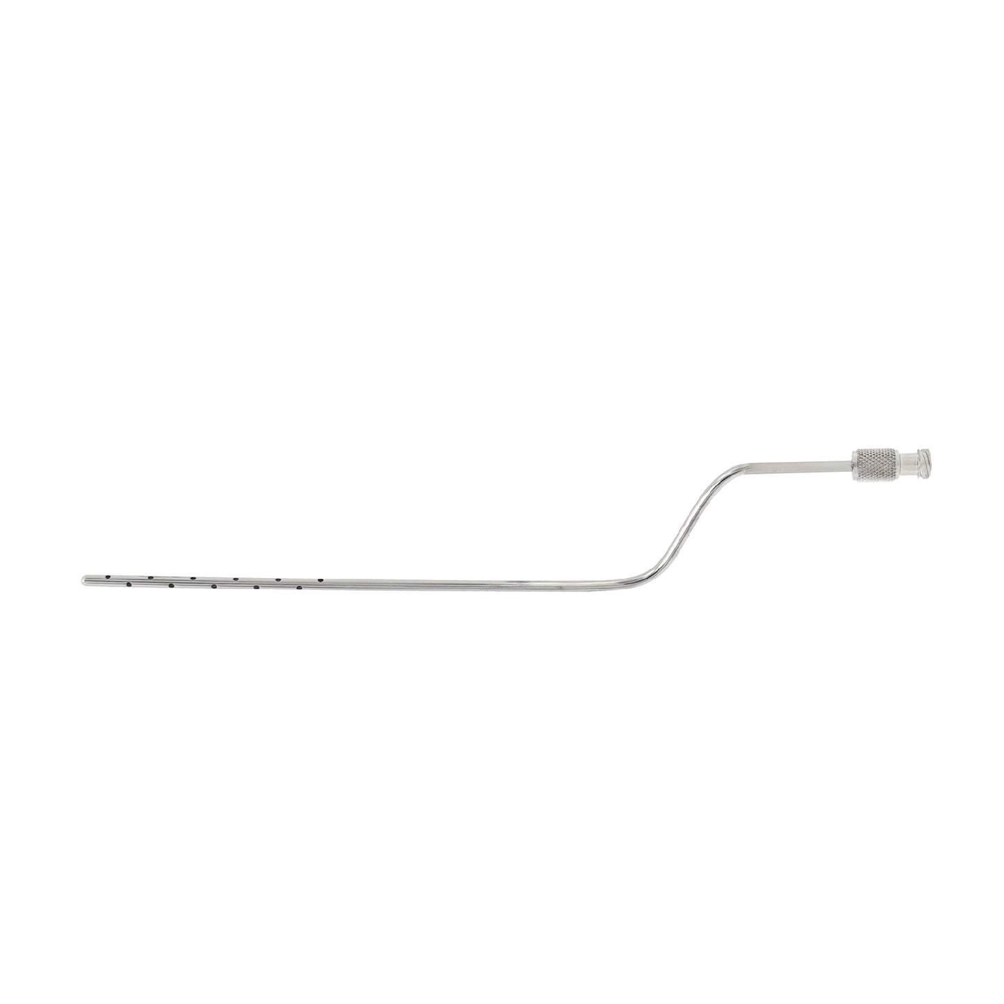 A long, slender stainless steel surgical instrument featuring a bayonet-style offset handle, multiple aspiration holes along the tip, and a universal luer-lock hub for syringe or tubing connection.
