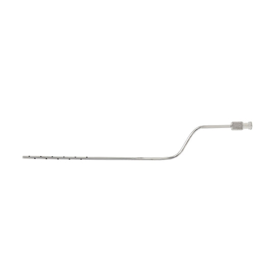 A long, slender stainless steel surgical instrument featuring a bayonet-style offset handle, multiple aspiration holes along the tip, and a universal luer-lock hub for syringe or tubing connection.