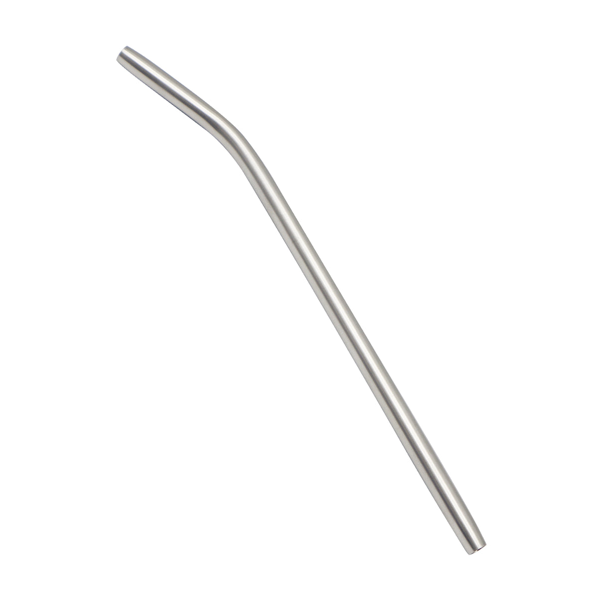Reusable bent stainless steel metal drinking straw isolated on a plain white background.