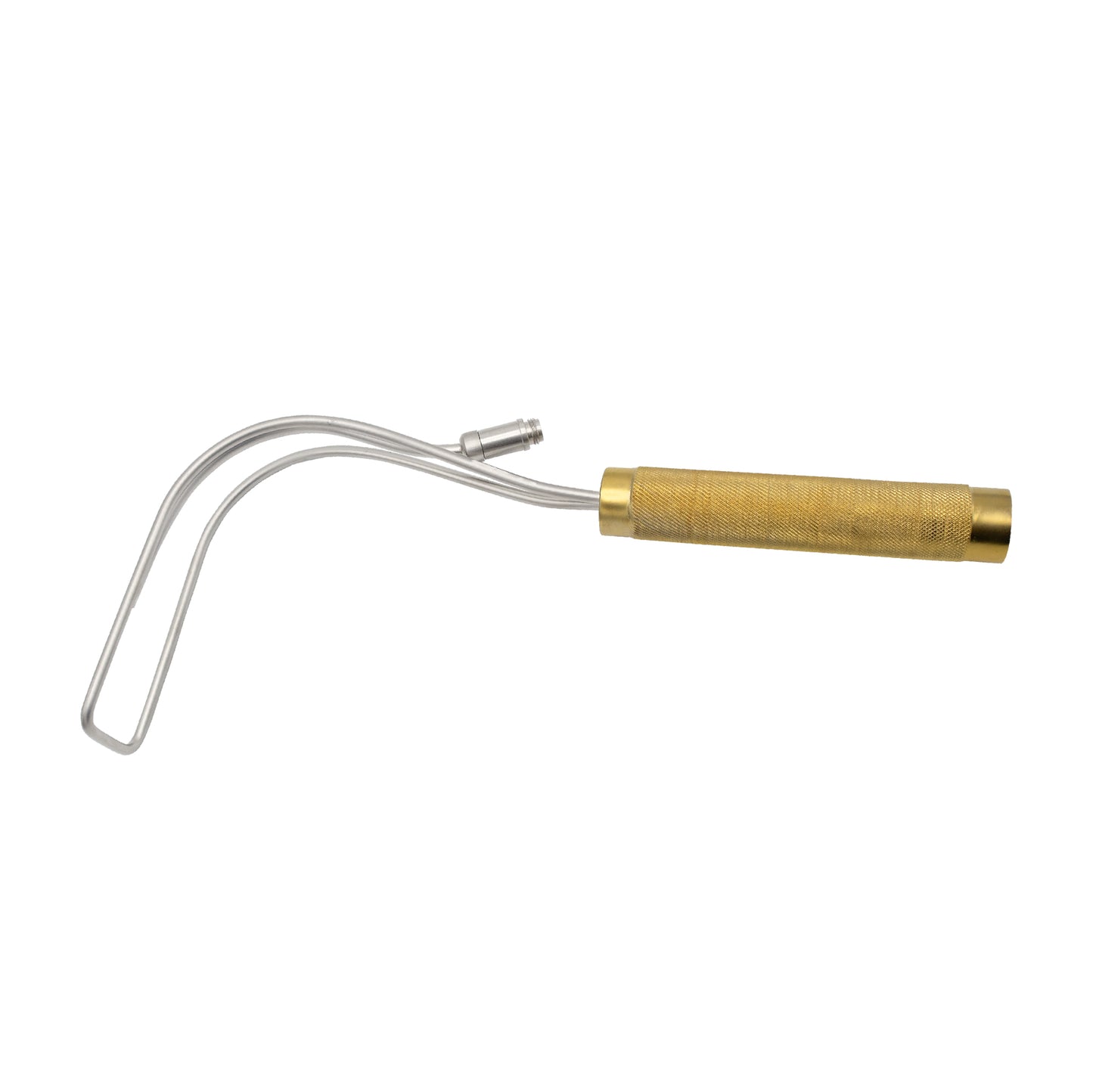 A Biggs Face Lift Retractor featuring a curved, fenestrated stainless steel blade, a gold-colored knurled handle for a secure grip, and an integrated fiber optic light guide port for enhanced surgical site illumination.