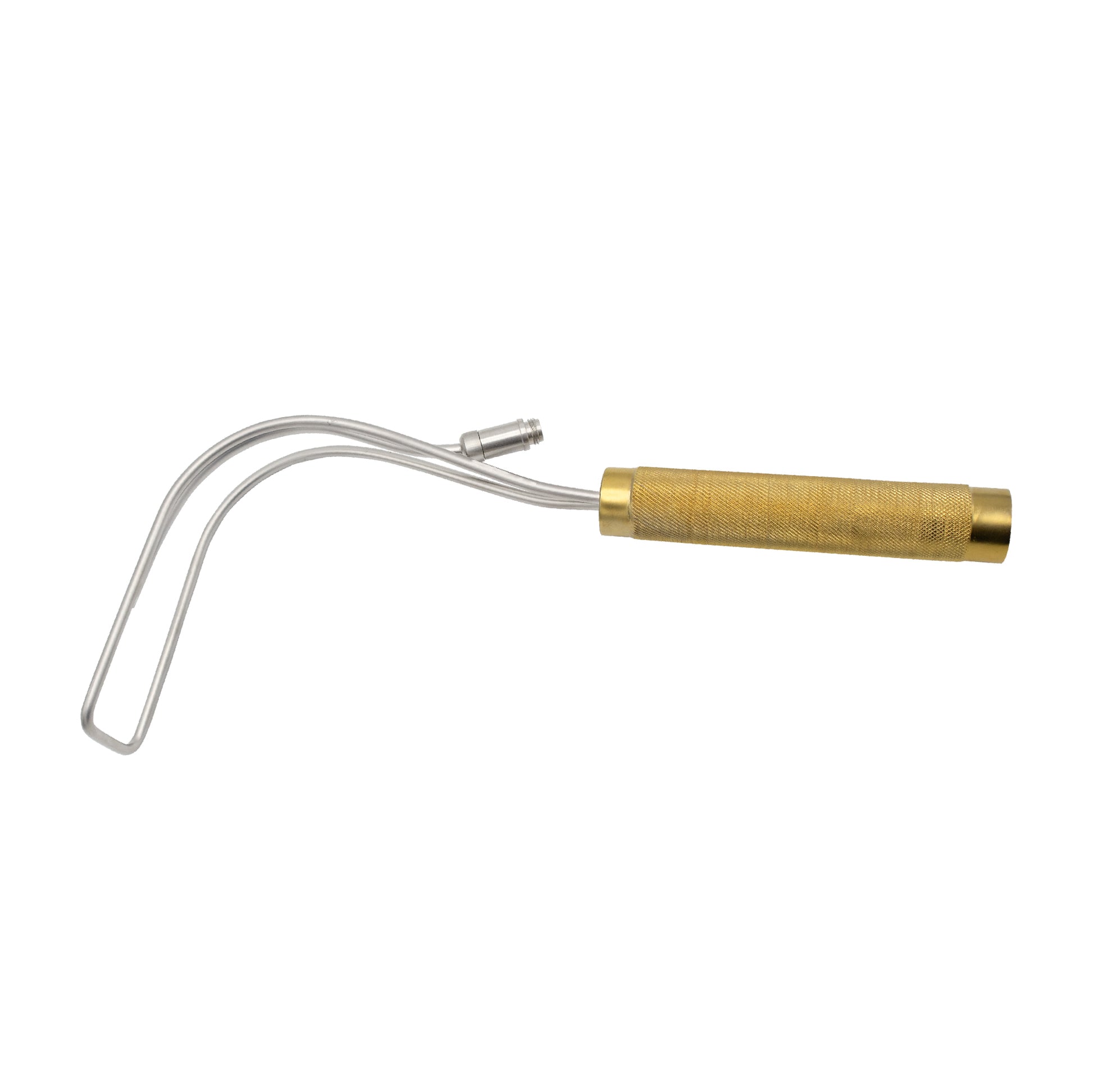 A Biggs Face Lift Retractor featuring a curved, fenestrated stainless steel blade, a gold-colored knurled handle for a secure grip, and an integrated fiber optic light guide port for enhanced surgical site illumination.