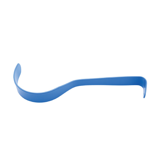 A blue insulated Deaver retractor with a curved blade and ergonomic handle, designed for deep tissue and organ retraction in electrosurgery.